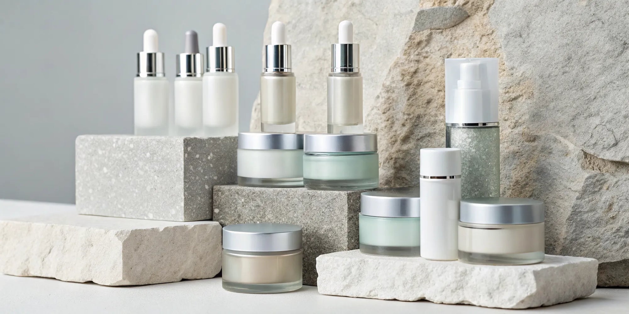 The best regenerative eye creams for wrinkles in jars and bottles displayed on stone.
