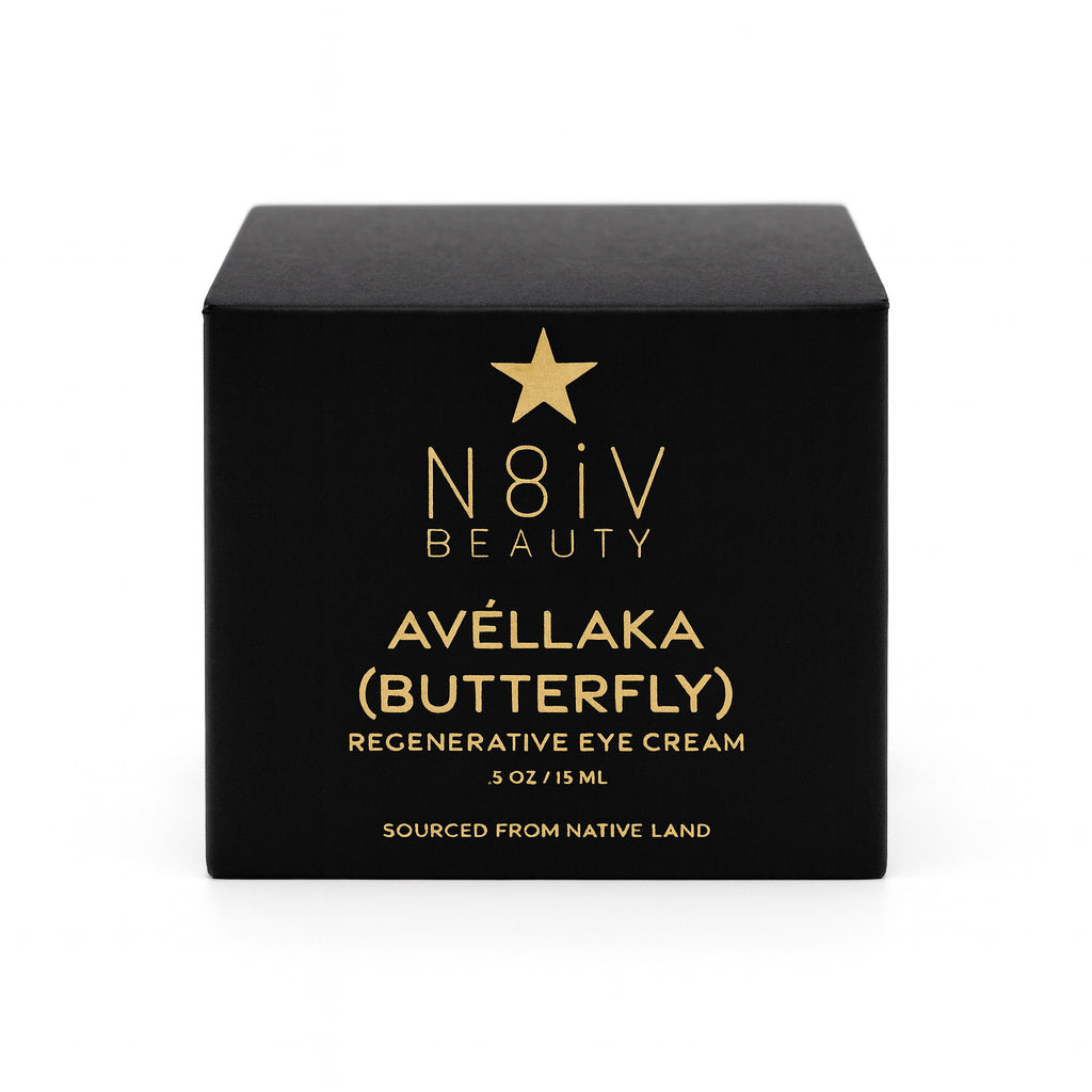 Black box with gold text featuring N8iv Beauty and Avéllaka (Butterfly) regenerative eye cream.