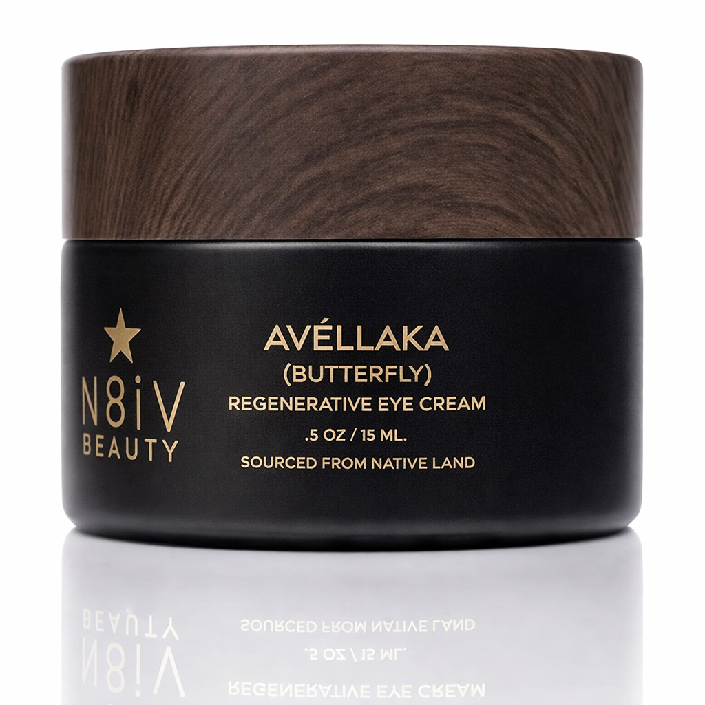 Avellaka N8iv Beauty Butterfly Regenerative Eye Cream jar with wooden lid on a white background