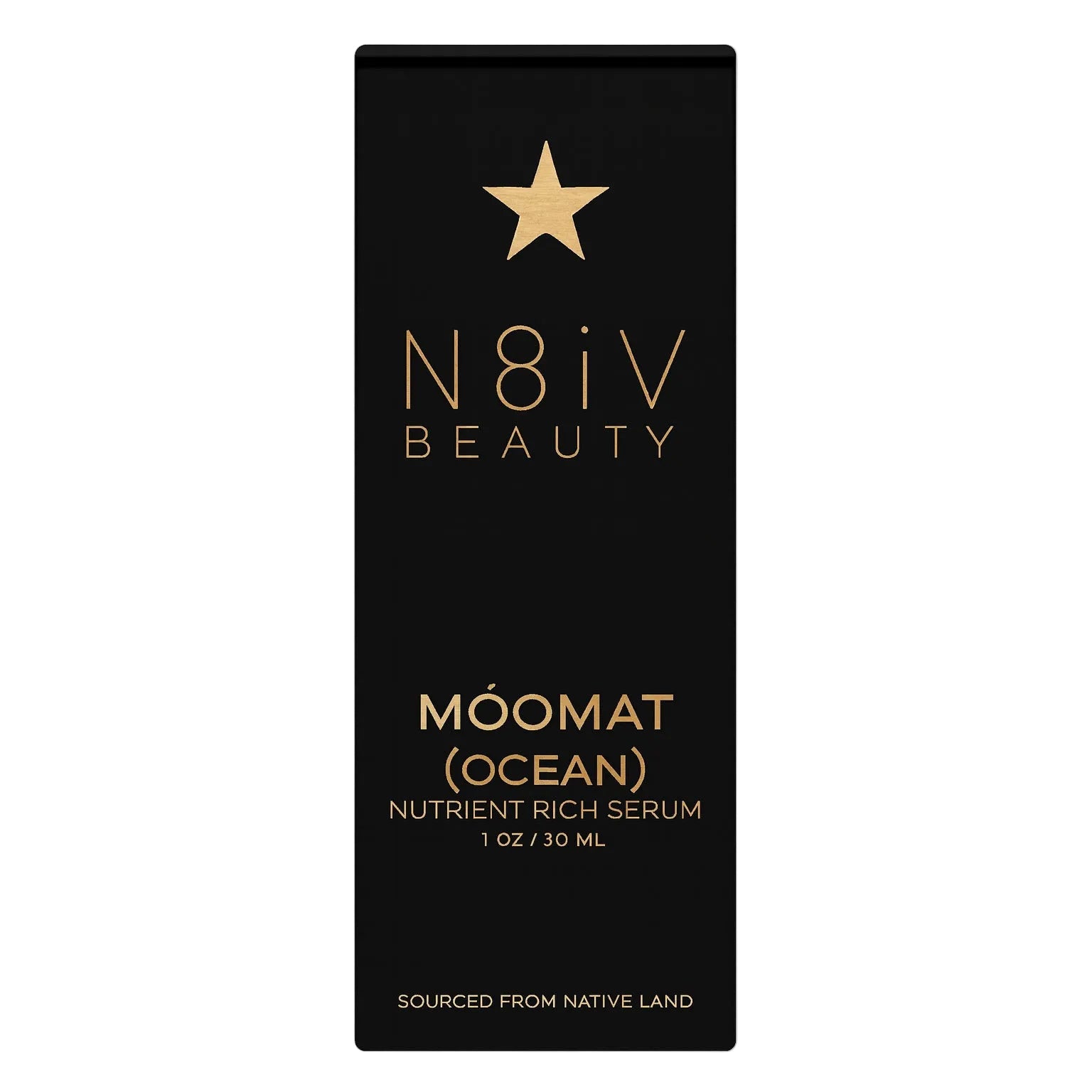 N8IV Beauty Moomat Ocean serum packaging with gold text on a black background