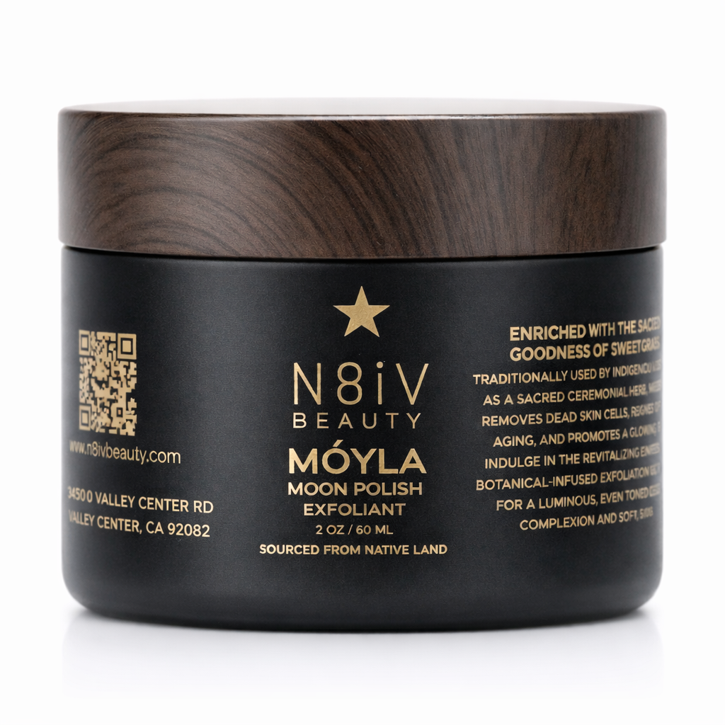 Black jar with wooden lid labeled N8iV Beauty Moyla on a white background